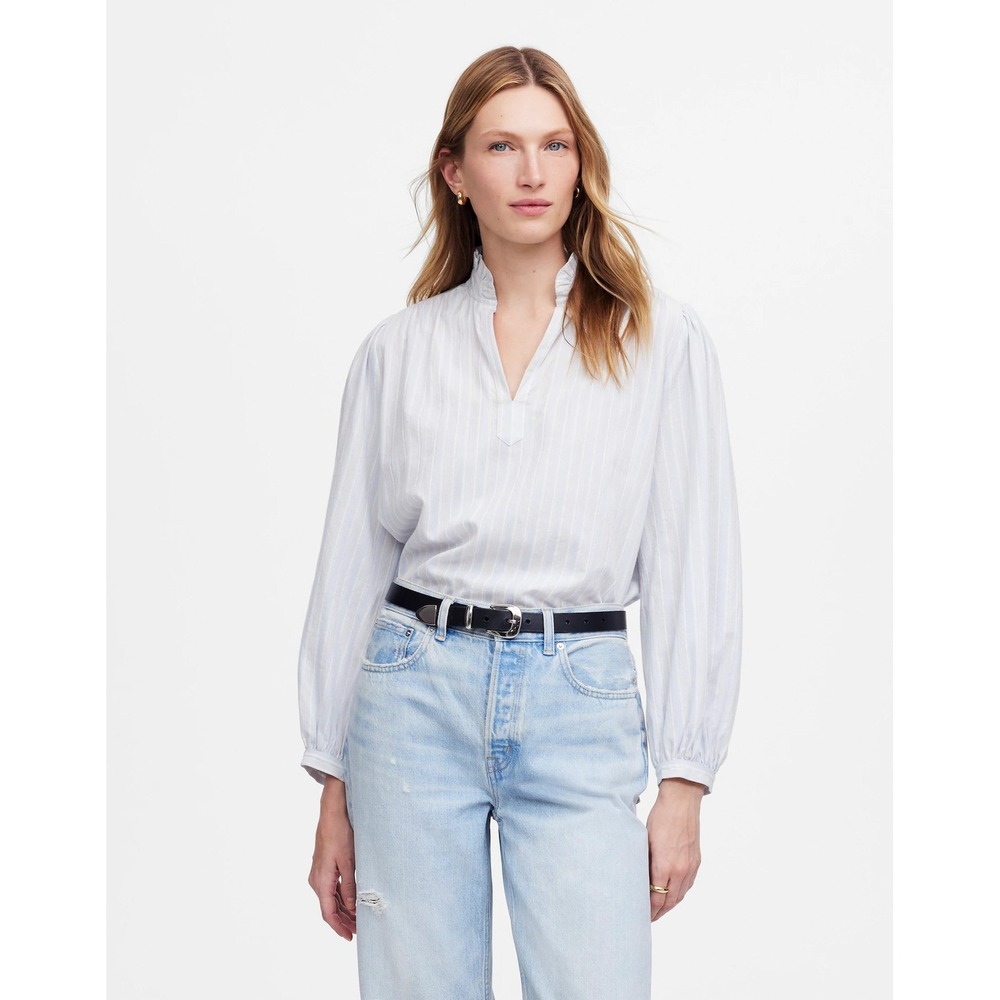 Madewell Ruffled Popover Top in Stripe Blue White Lino Dobby Medium NV193 Cotton